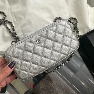 CHANEL Metallic Silver Quilted Clutch